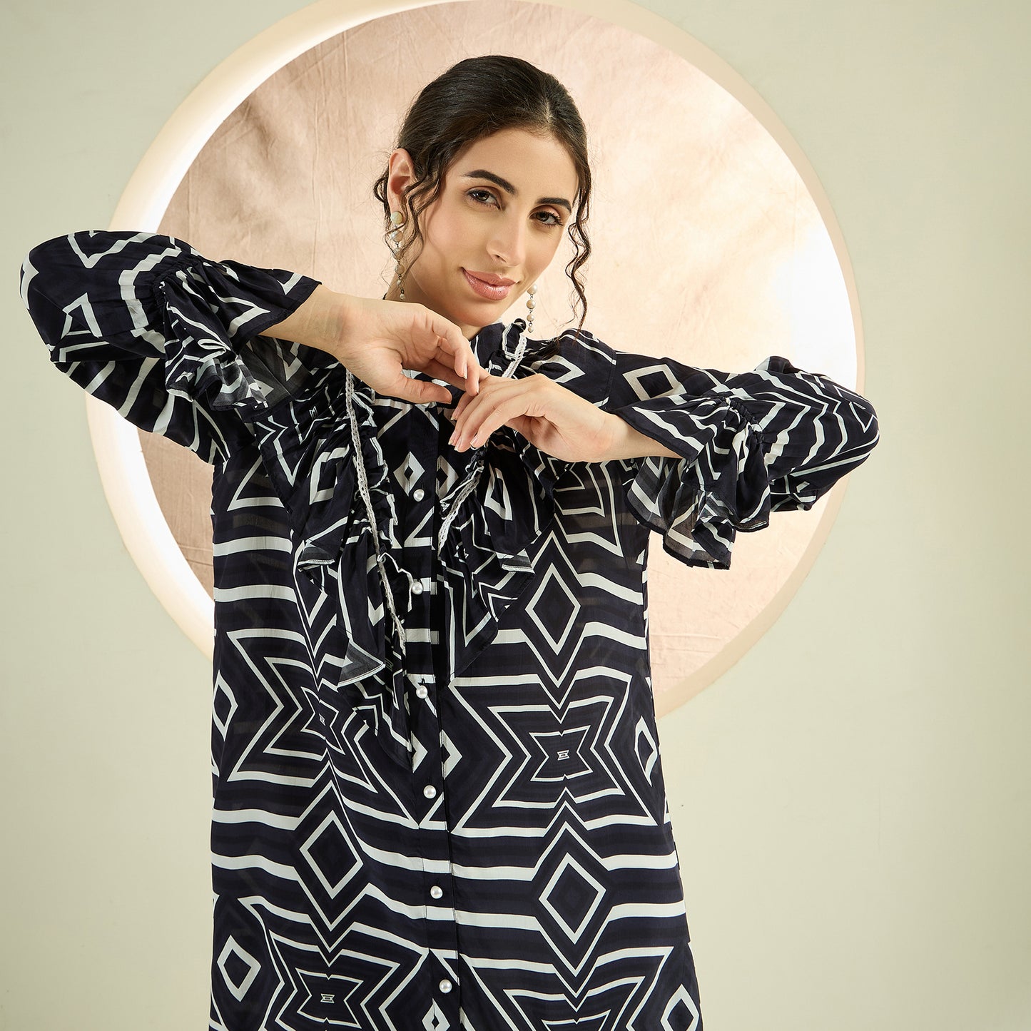 Black and White Geometric Frill Shirt
