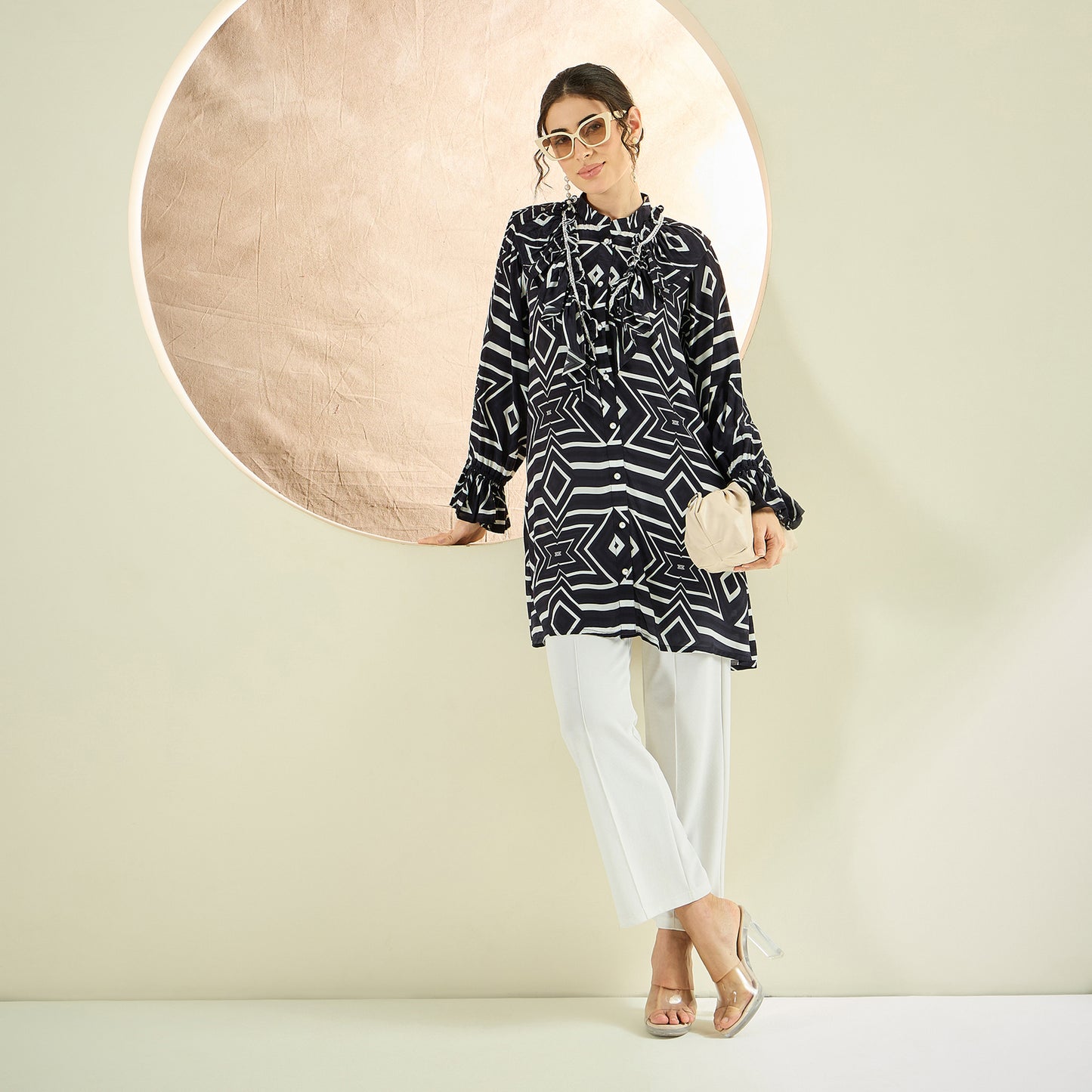 Black and White Geometric Frill Shirt