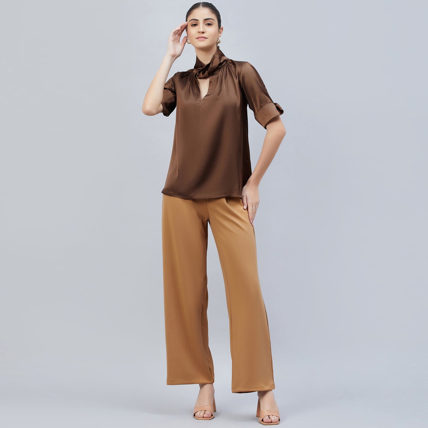 Brown Twisted Embellished Satin Shirt