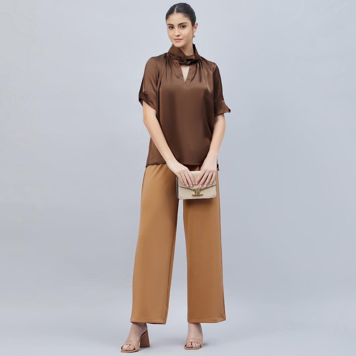 Brown Twisted Embellished Satin Shirt