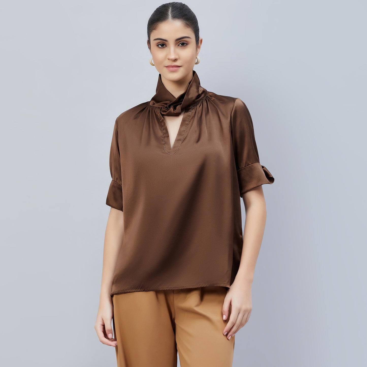 Brown Twisted Embellished Satin Shirt