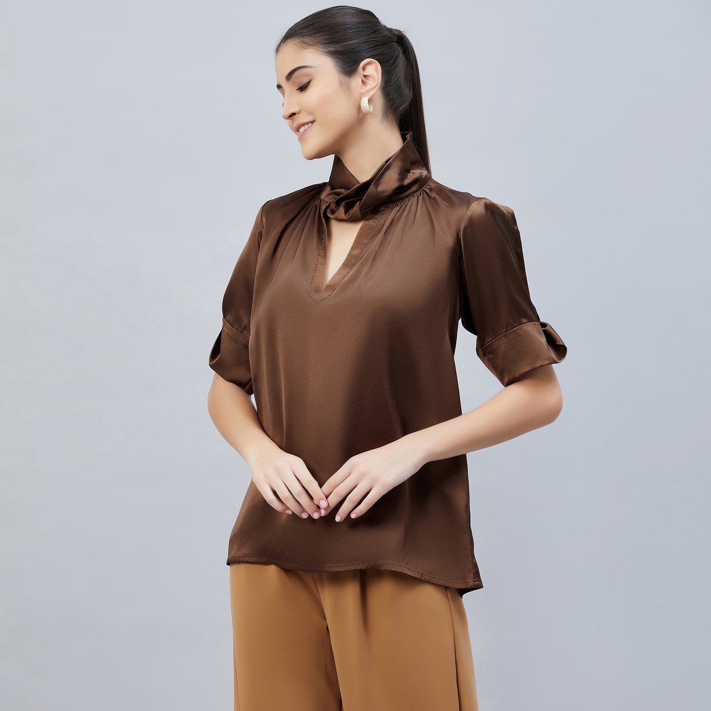 Brown Twisted Embellished Satin Shirt