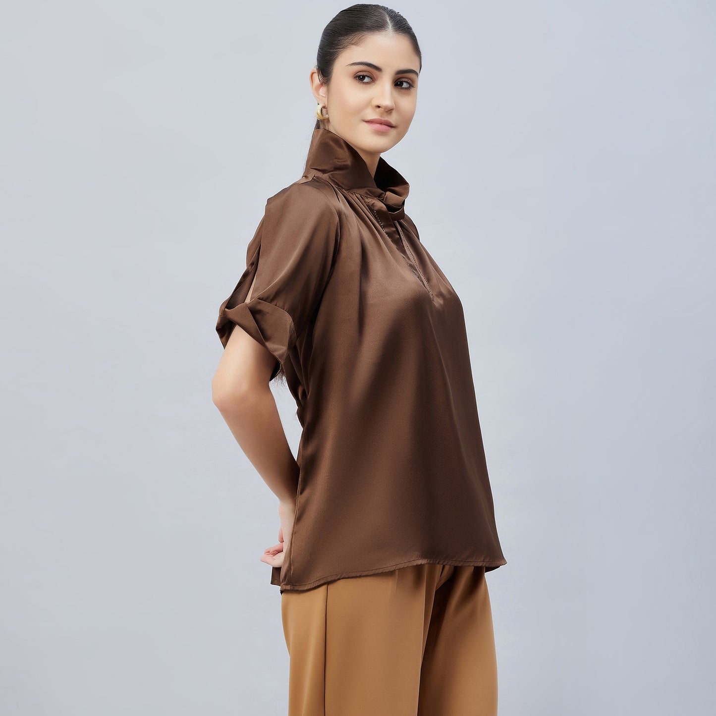 Brown Twisted Embellished Satin Shirt