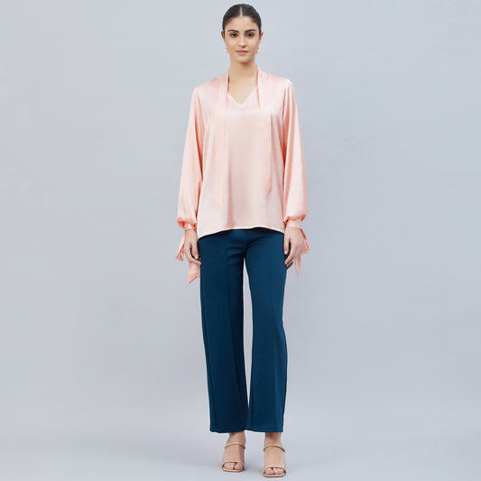 Pink Neck-Tie Embellished Satin Shirt