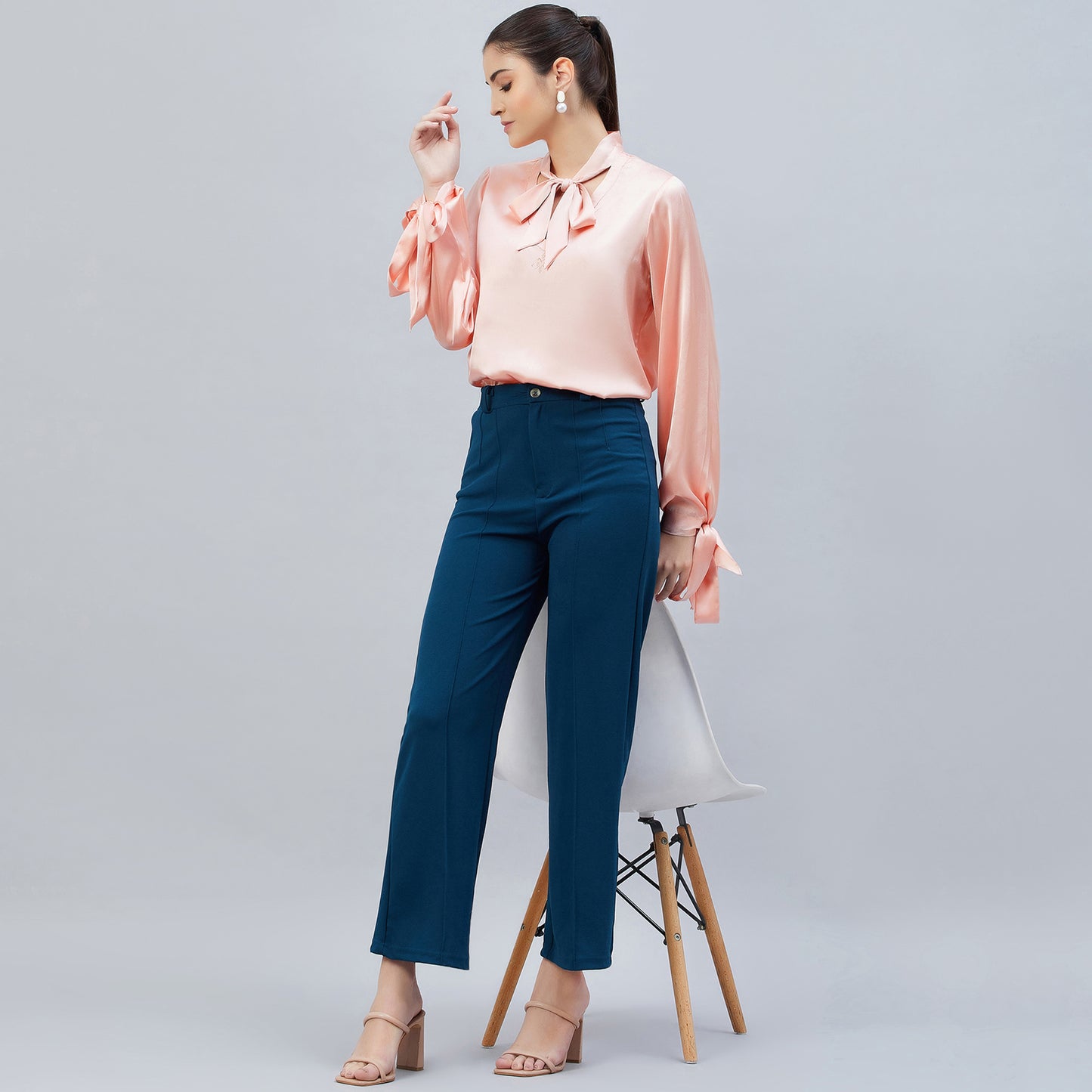 Pink Neck-Tie Embellished Satin Shirt