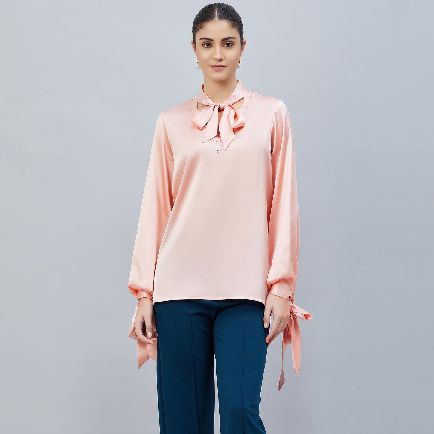 Pink Neck-Tie Embellished Satin Shirt