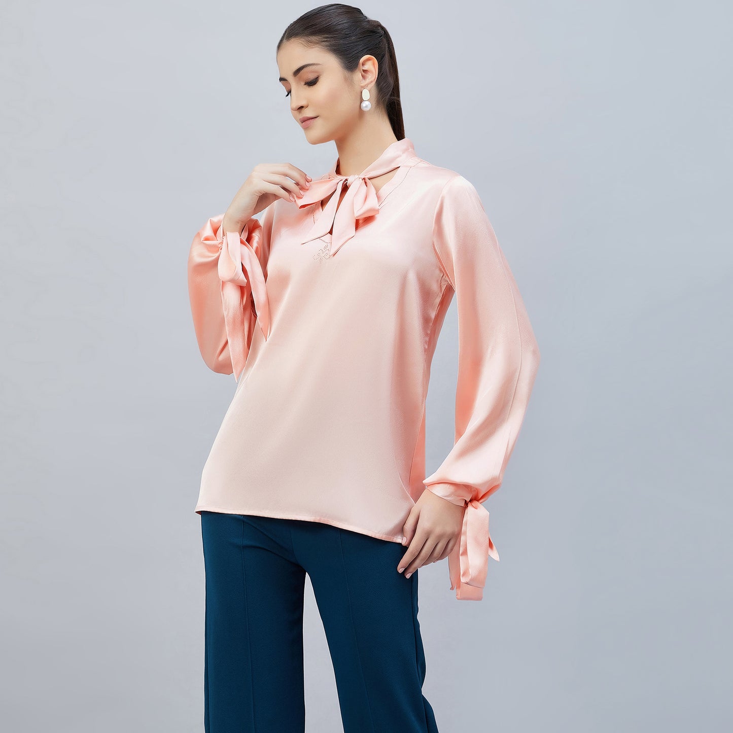 Pink Neck-Tie Embellished Satin Shirt