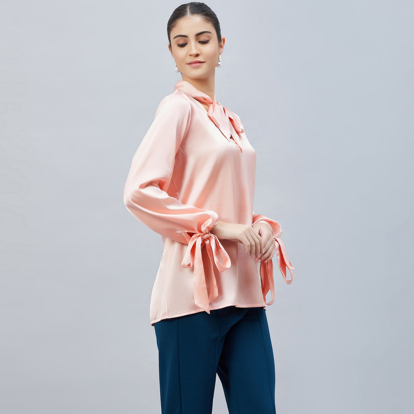 Pink Neck-Tie Embellished Satin Shirt