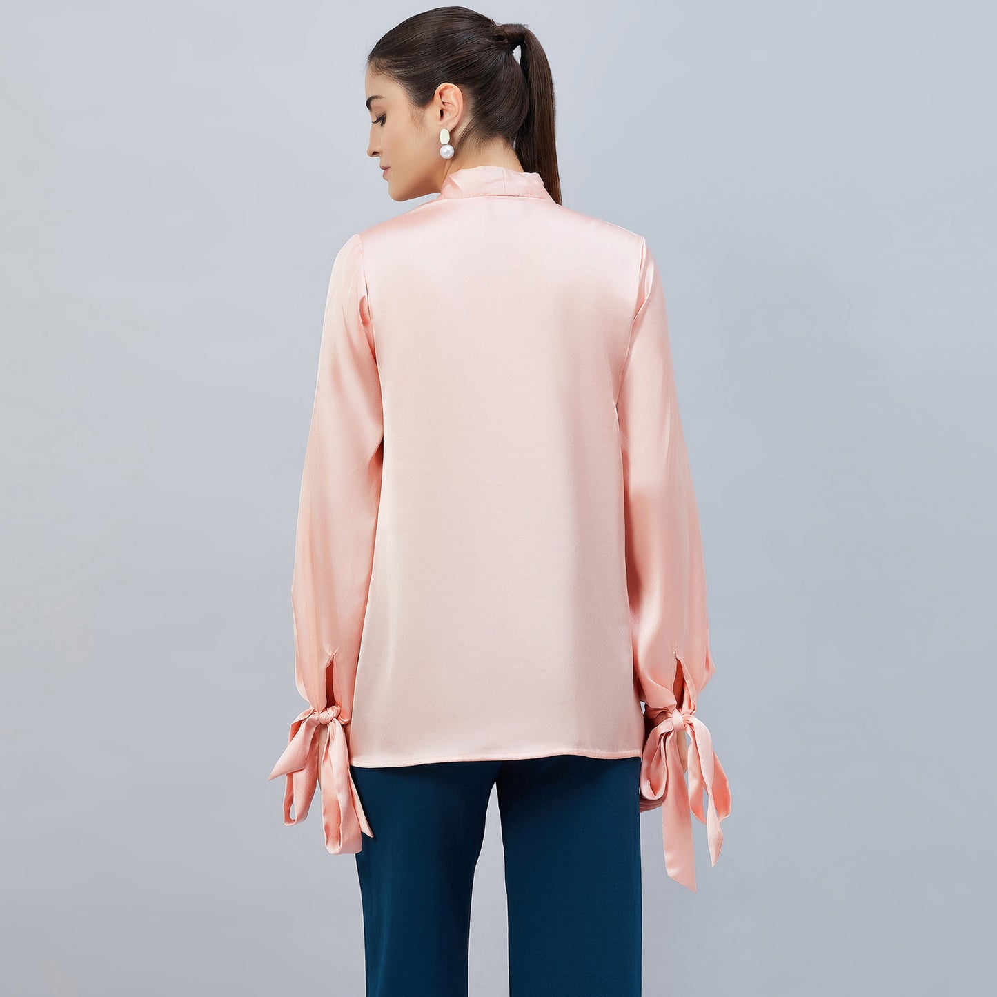 Pink Neck-Tie Embellished Satin Shirt