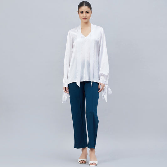 White Neck-Tie Embellished Satin Shirt