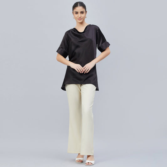 Black Cowl Neck Embellished Satin Shirt
