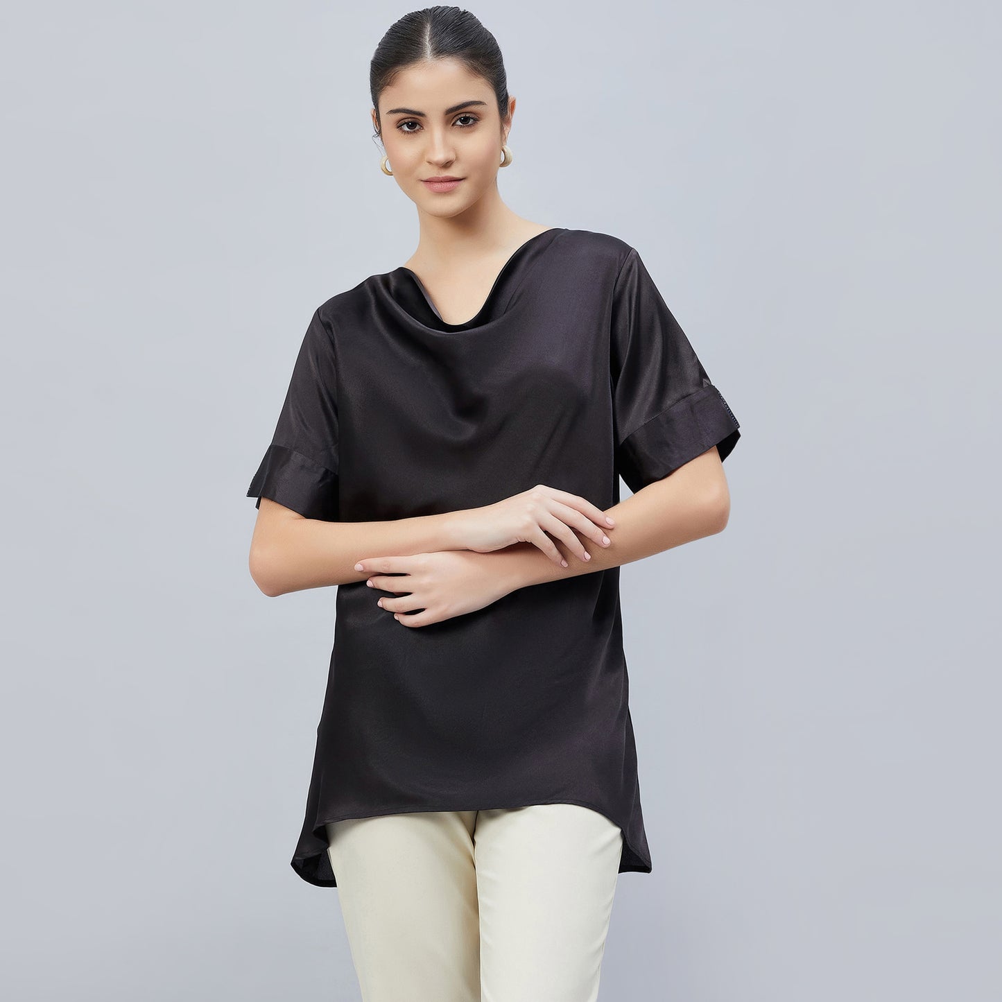 Black Cowl Neck Embellished Satin Shirt