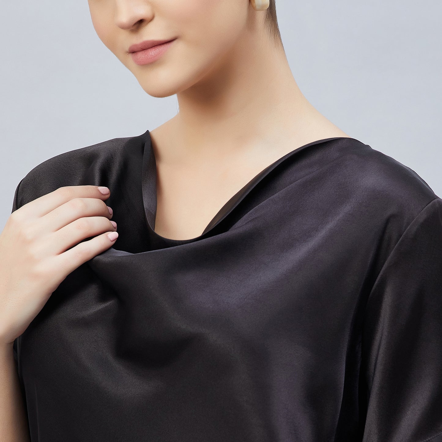 Black Cowl Neck Embellished Satin Shirt