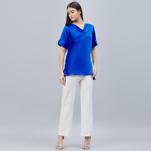 Cobalt Blue Cowl Neck Embellished Satin Shirt