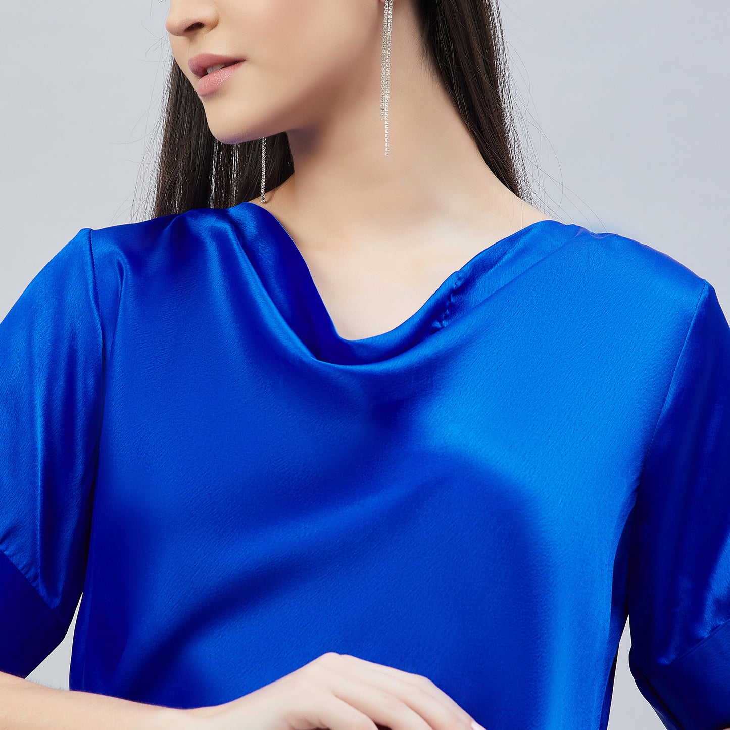 Cobalt Blue Cowl Neck Embellished Satin Shirt