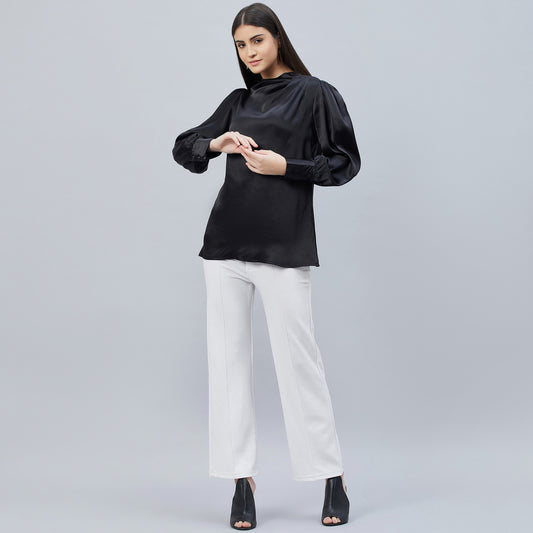 Black Shoulder Pleated Embellished Satin Shirt