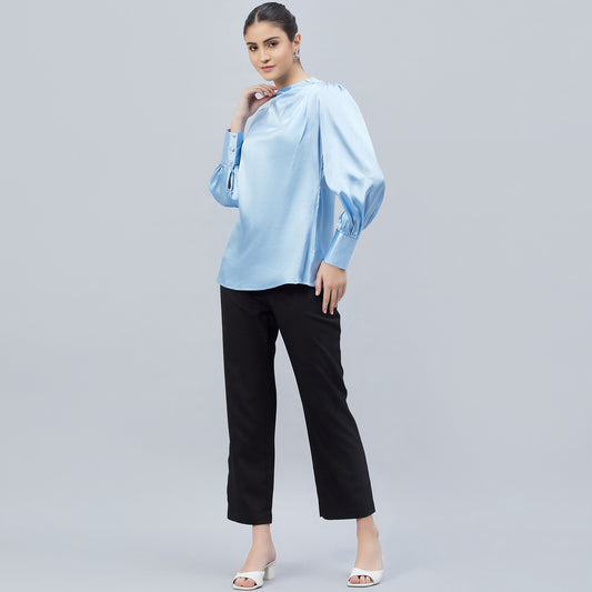 Blue Shoulder Pleated Embellished Satin Shirt