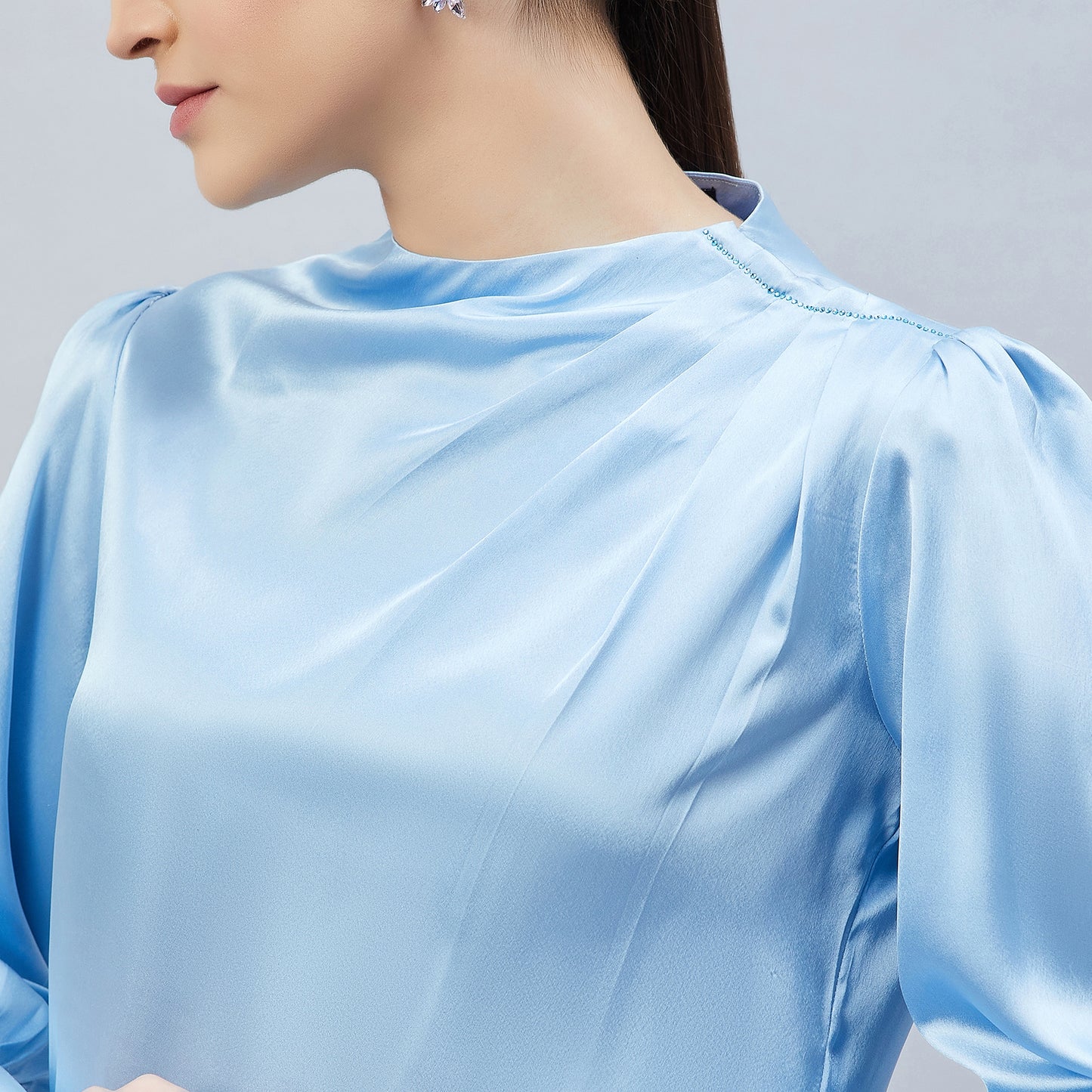 Blue Shoulder Pleated Embellished Satin Shirt