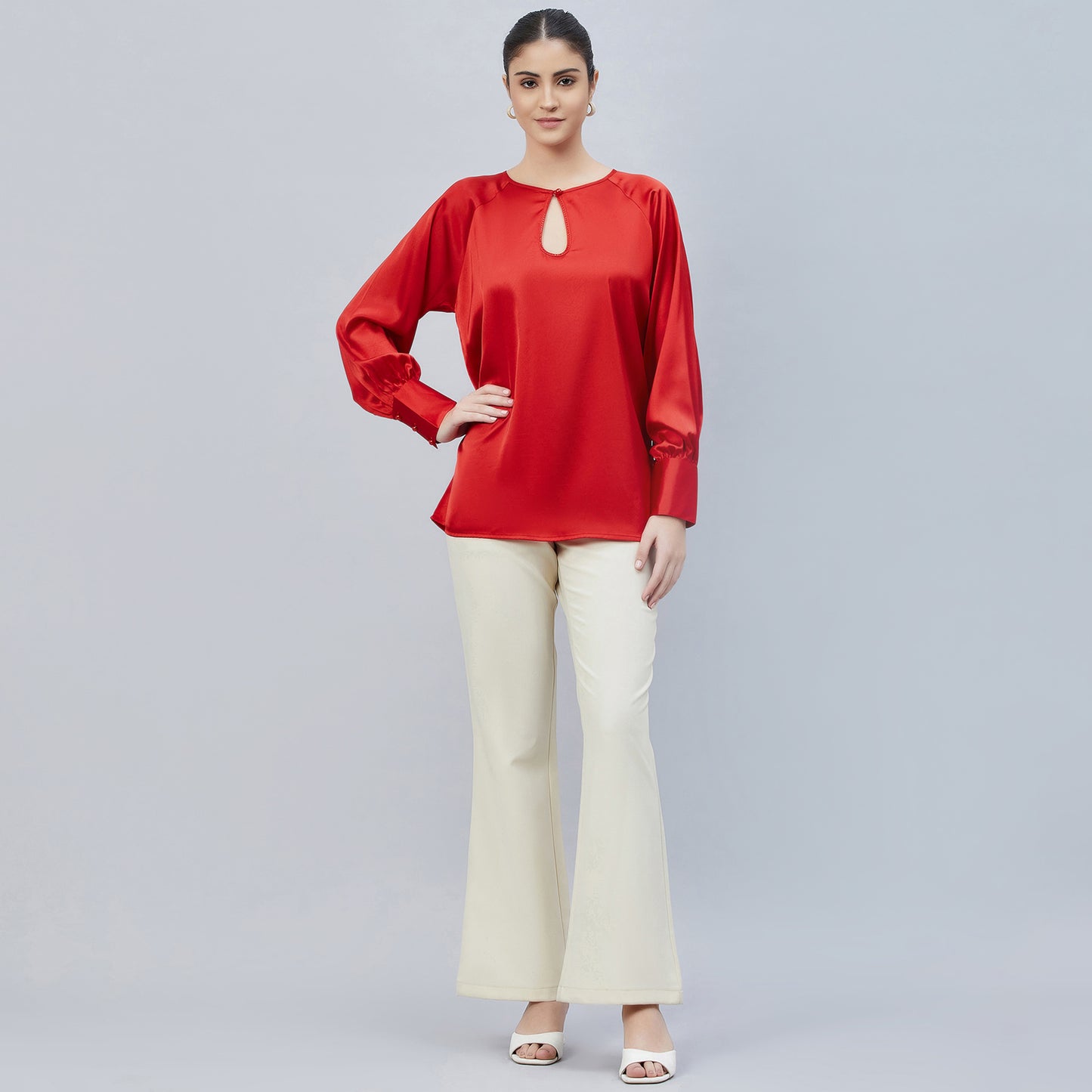 Red Keyhole Embellished Satin Shirt