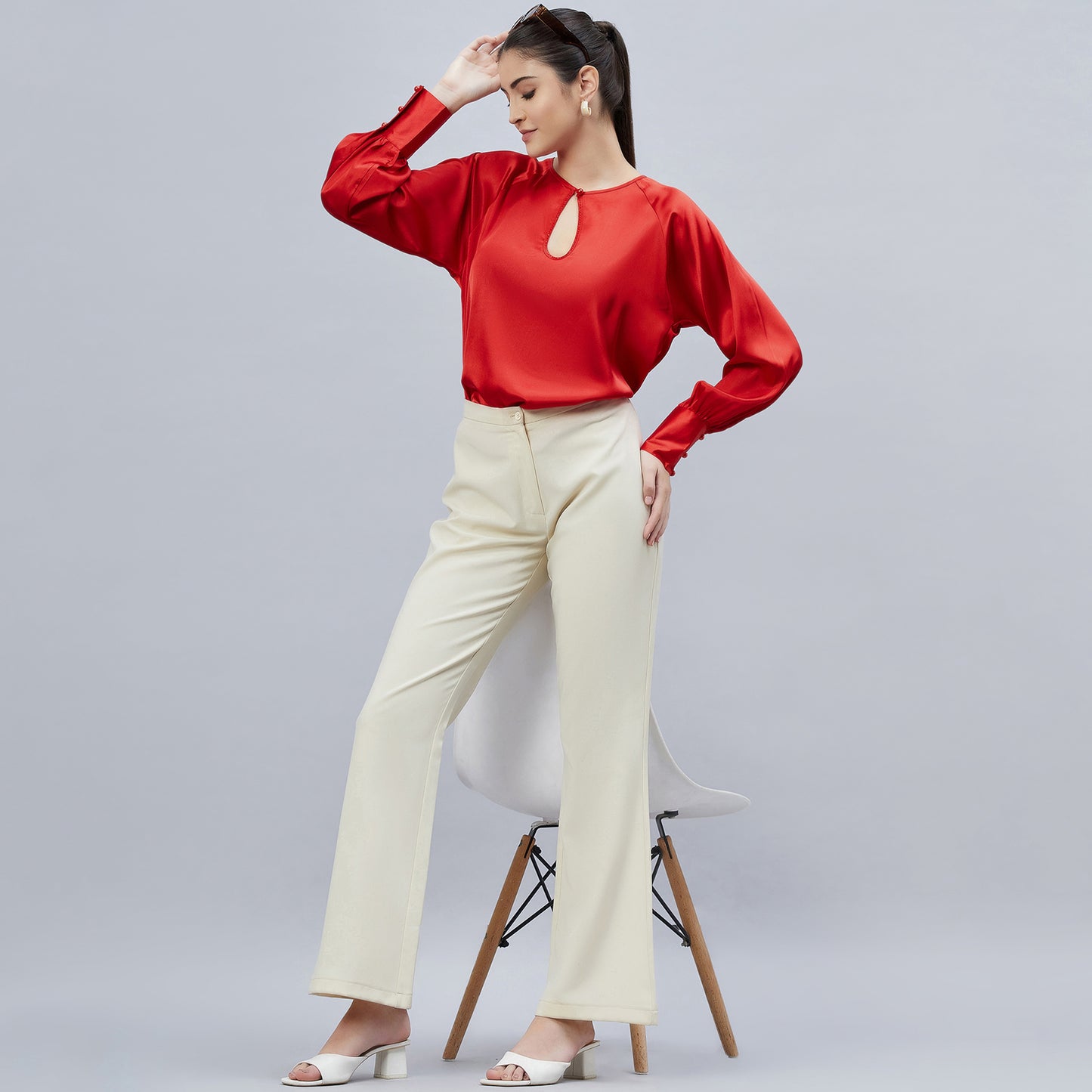 Red Keyhole Embellished Satin Shirt