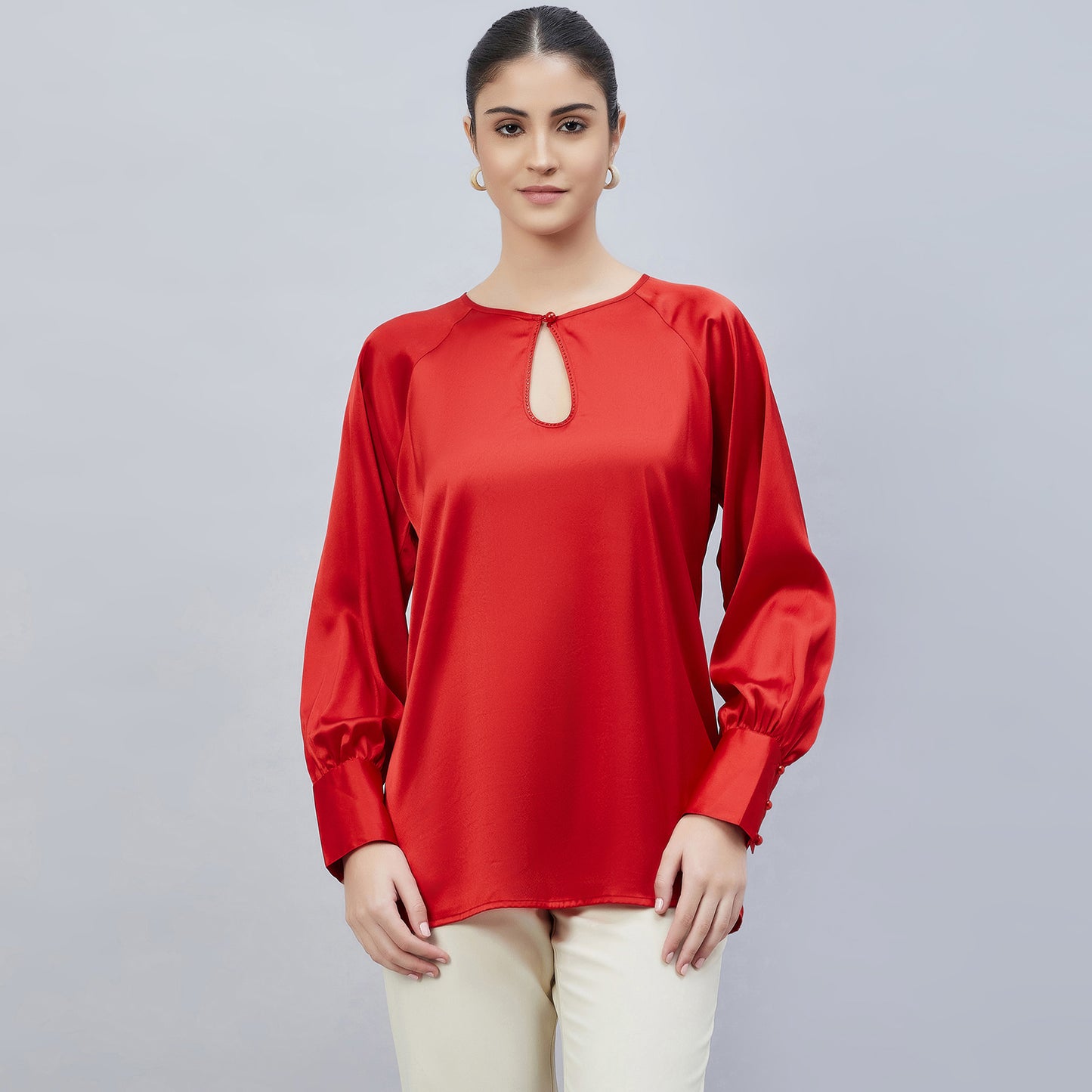 Red Keyhole Embellished Satin Shirt