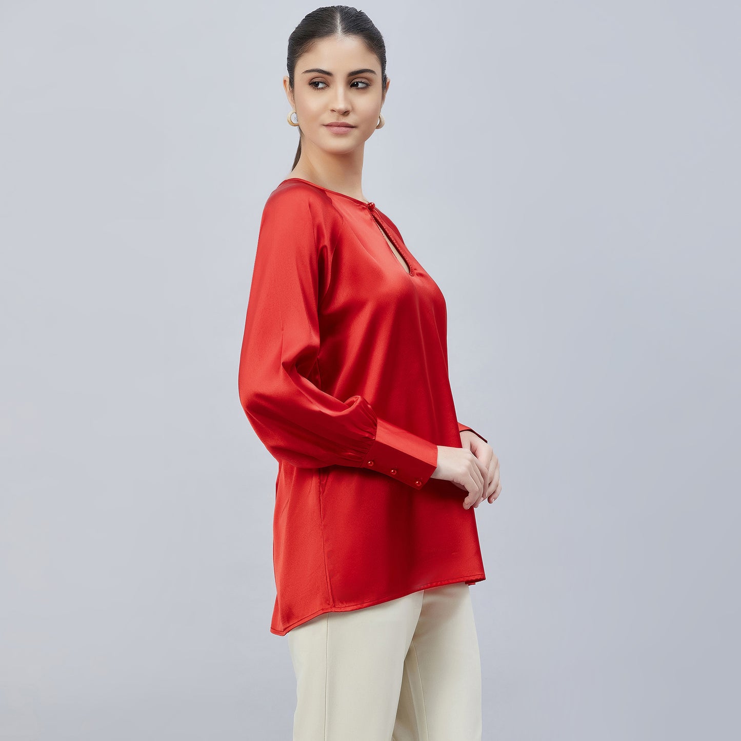 Red Keyhole Embellished Satin Shirt