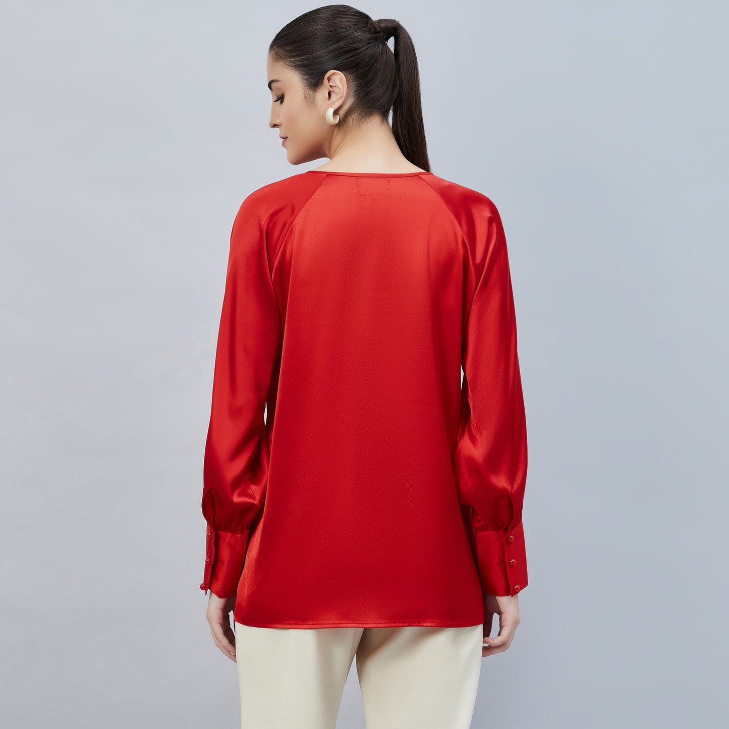 Red Keyhole Embellished Satin Shirt