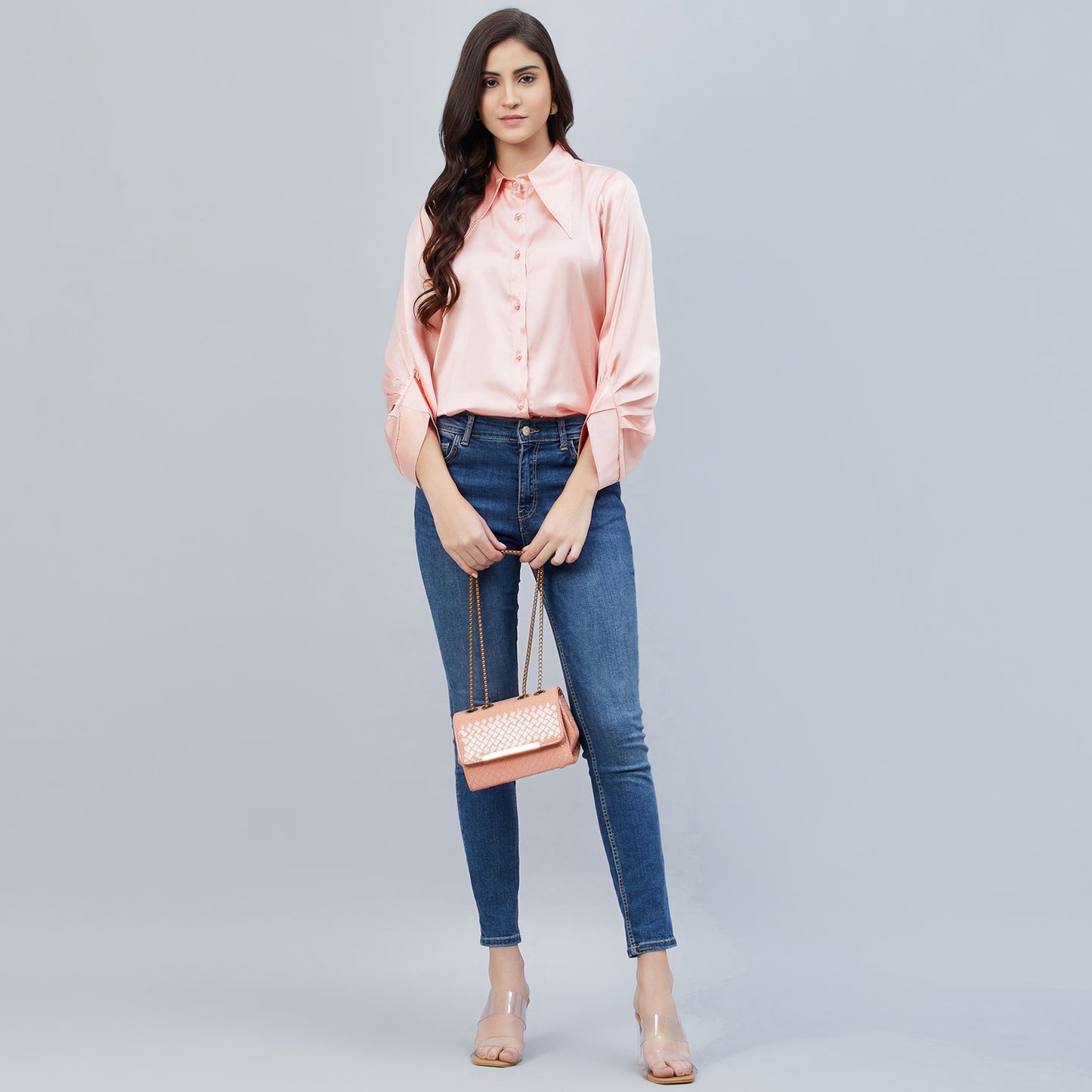 Pink Long Collar Embellished Satin Shirt