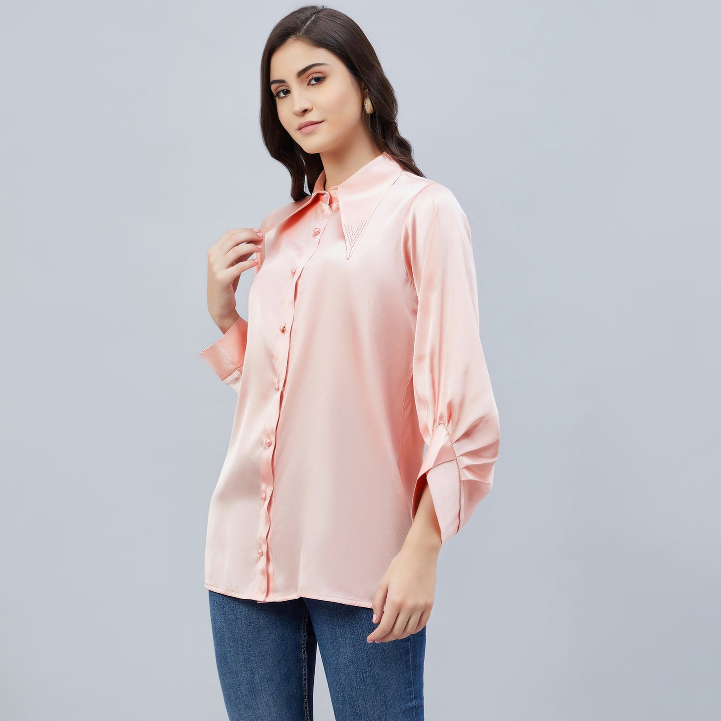 Pink Long Collar Embellished Satin Shirt