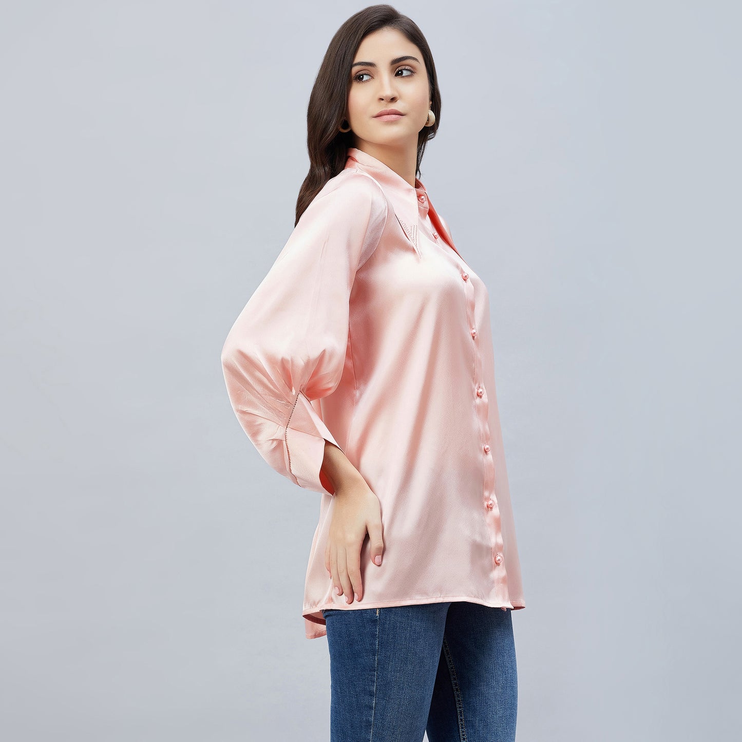 Pink Long Collar Embellished Satin Shirt