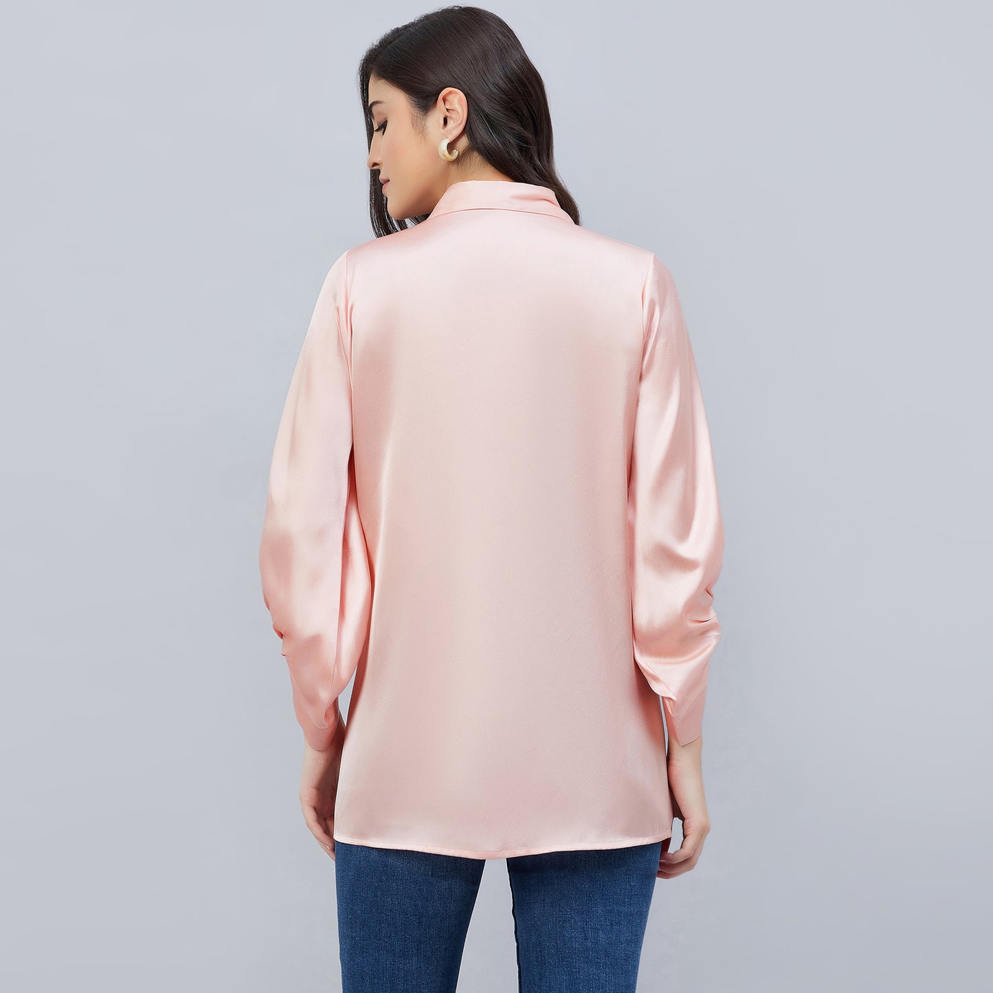 Pink Long Collar Embellished Satin Shirt