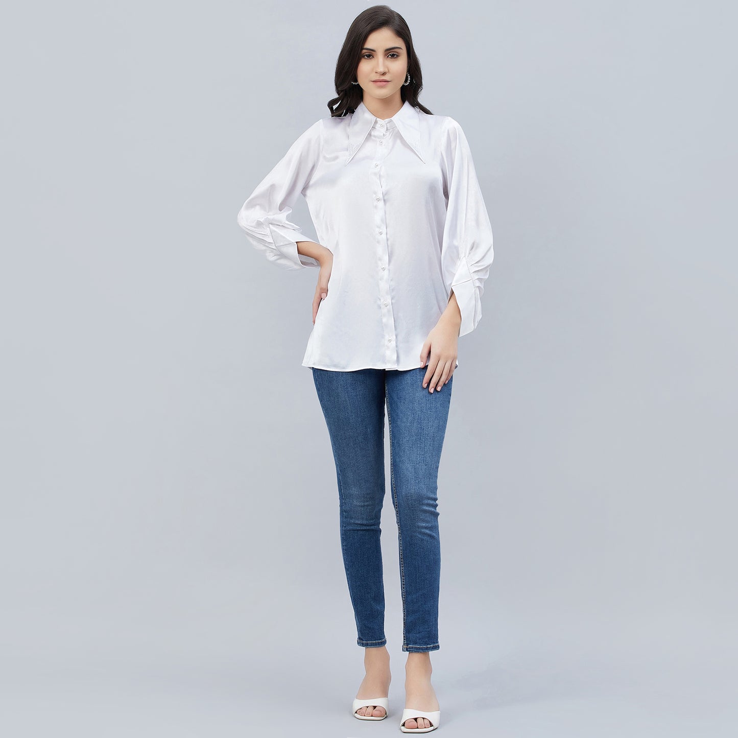 White Long Collar Embellished Satin Shirt