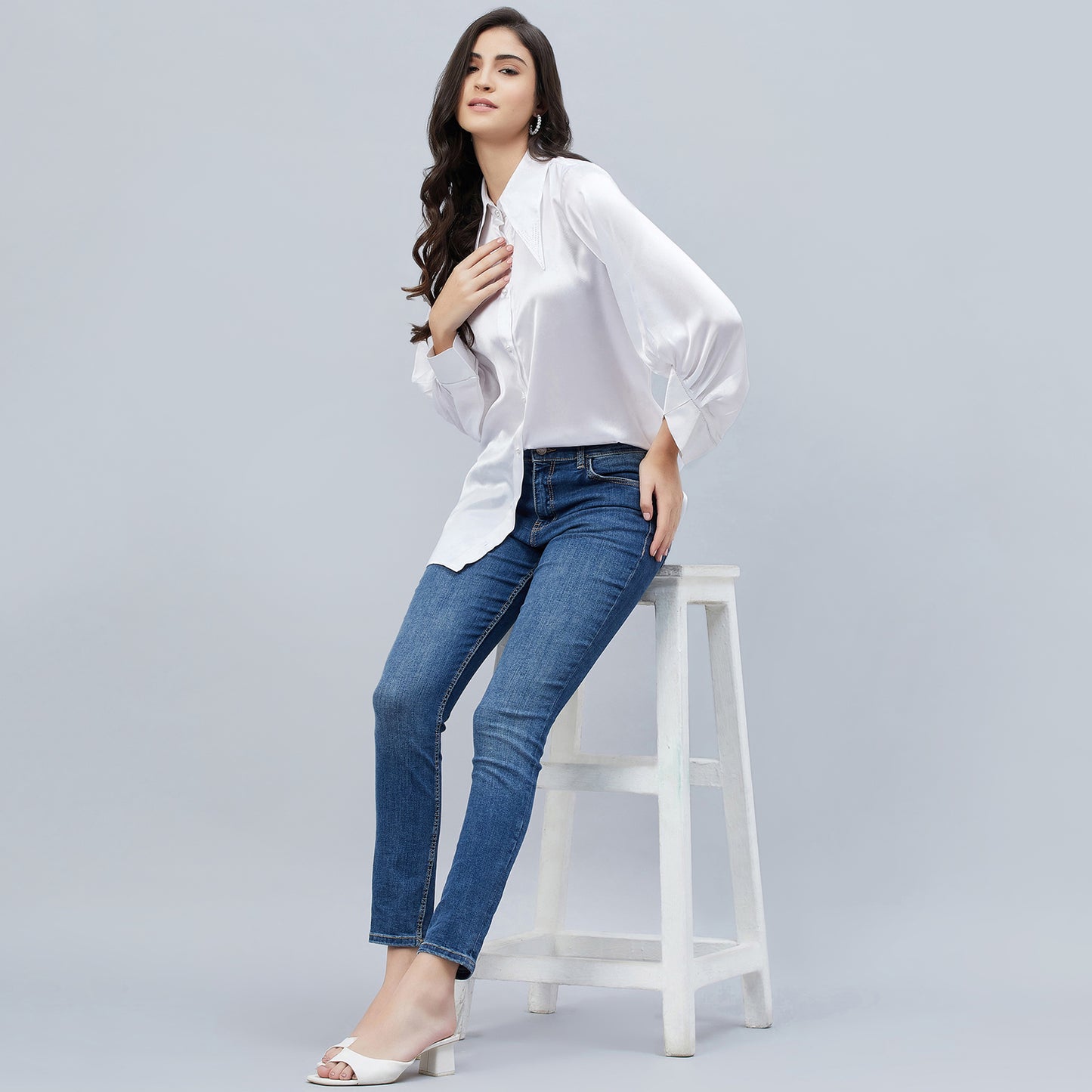 White Long Collar Embellished Satin Shirt