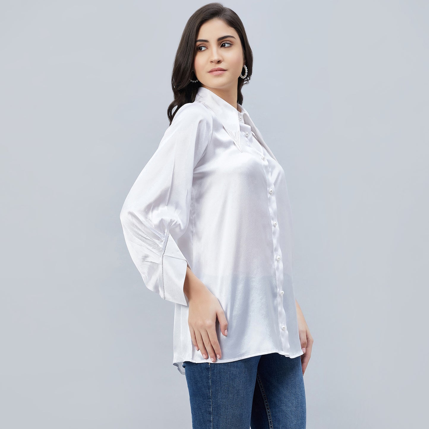 White Long Collar Embellished Satin Shirt