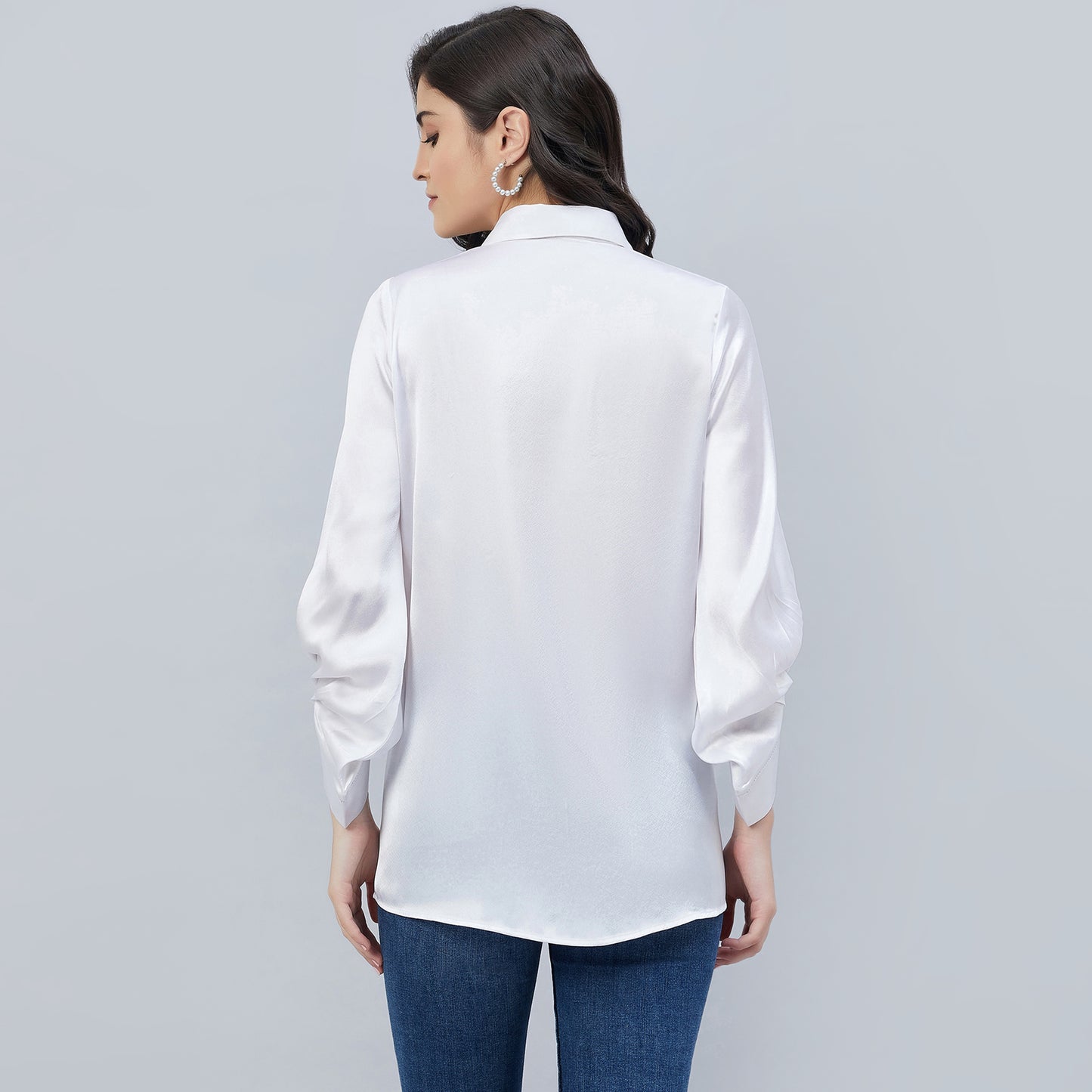 White Long Collar Embellished Satin Shirt