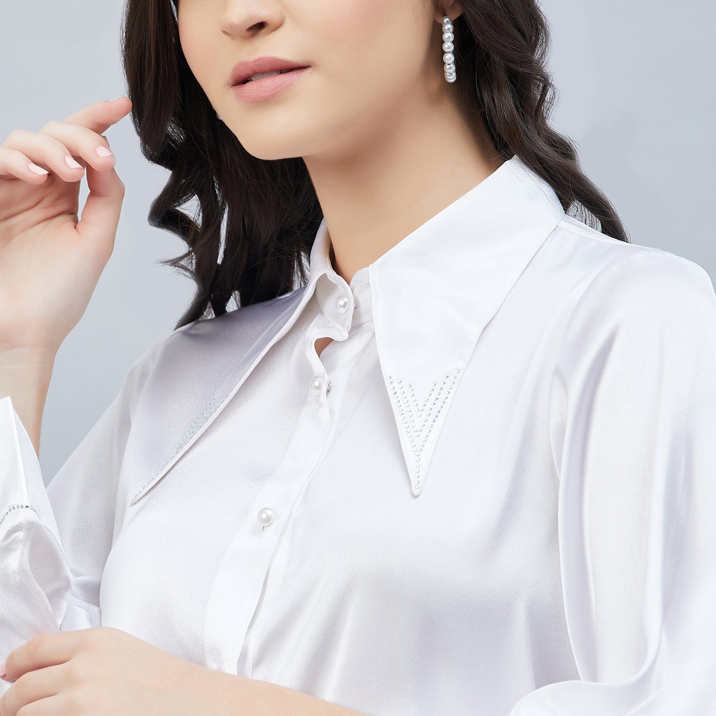 White Long Collar Embellished Satin Shirt