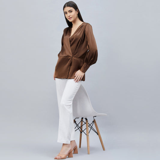 Brown Wrap Embellished Satin Shirt