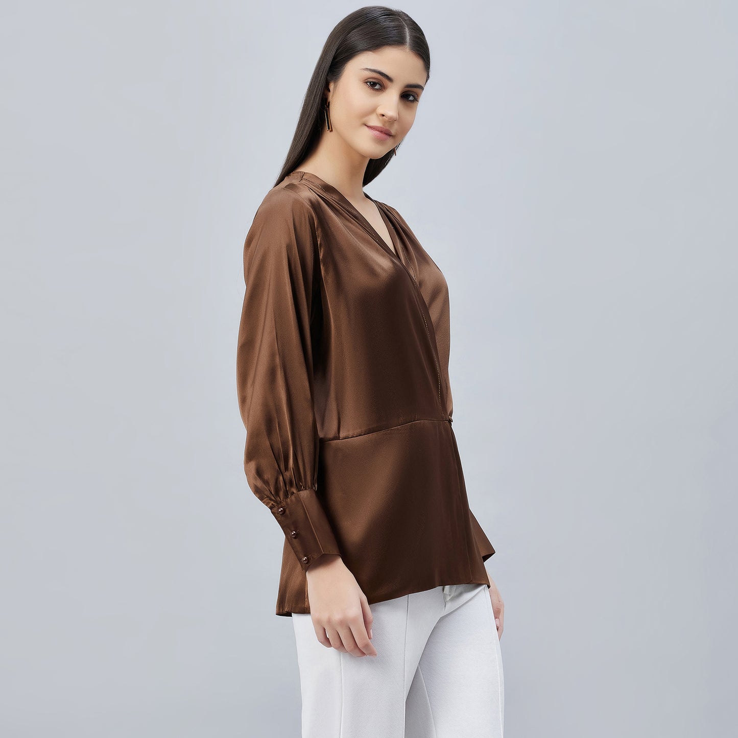 Brown Wrap Embellished Satin Shirt