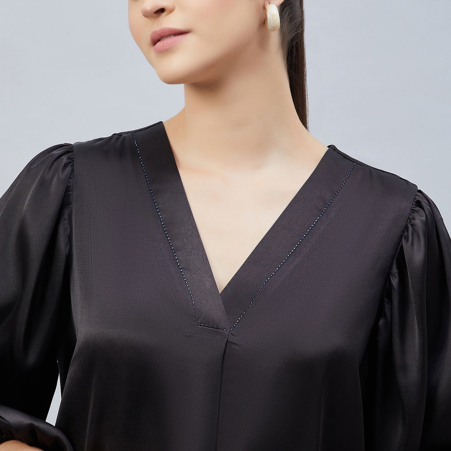 Black V-Neck Embellished Satin Shirt