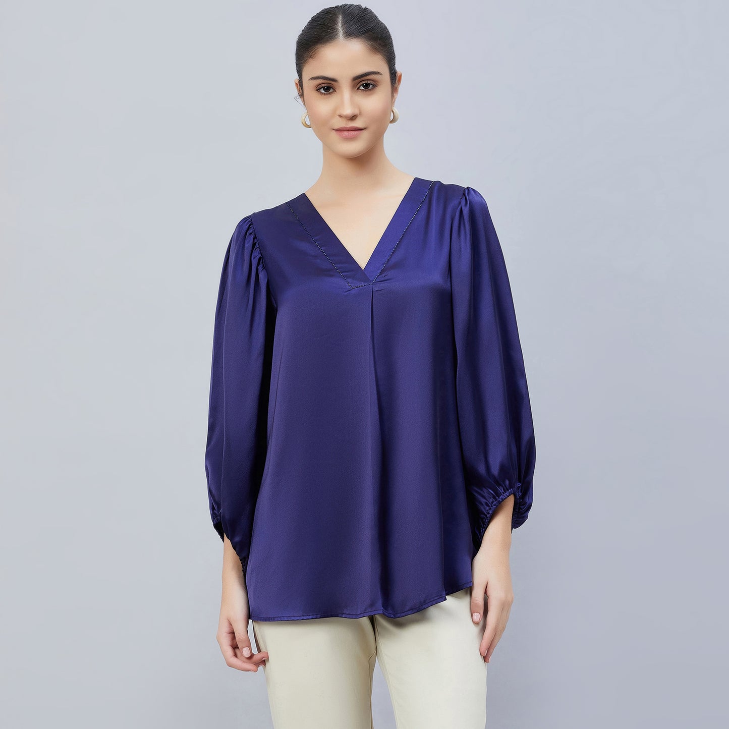 Navy Blue V-Neck Embellished Satin Shirt