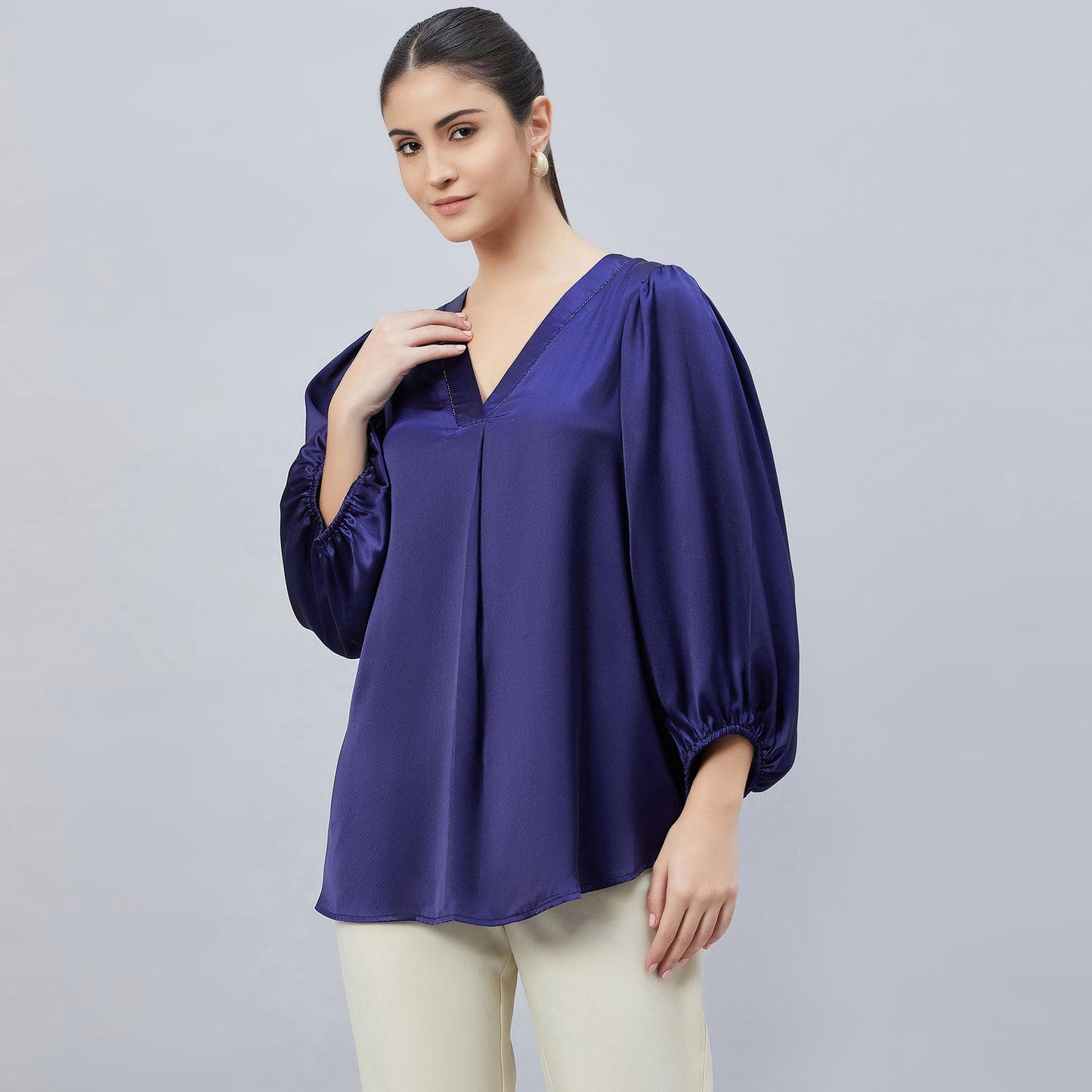 Navy Blue V-Neck Embellished Satin Shirt