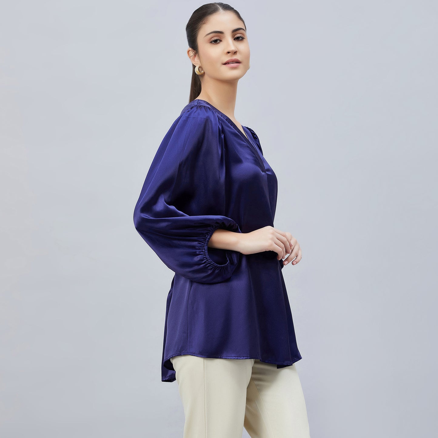 Navy Blue V-Neck Embellished Satin Shirt