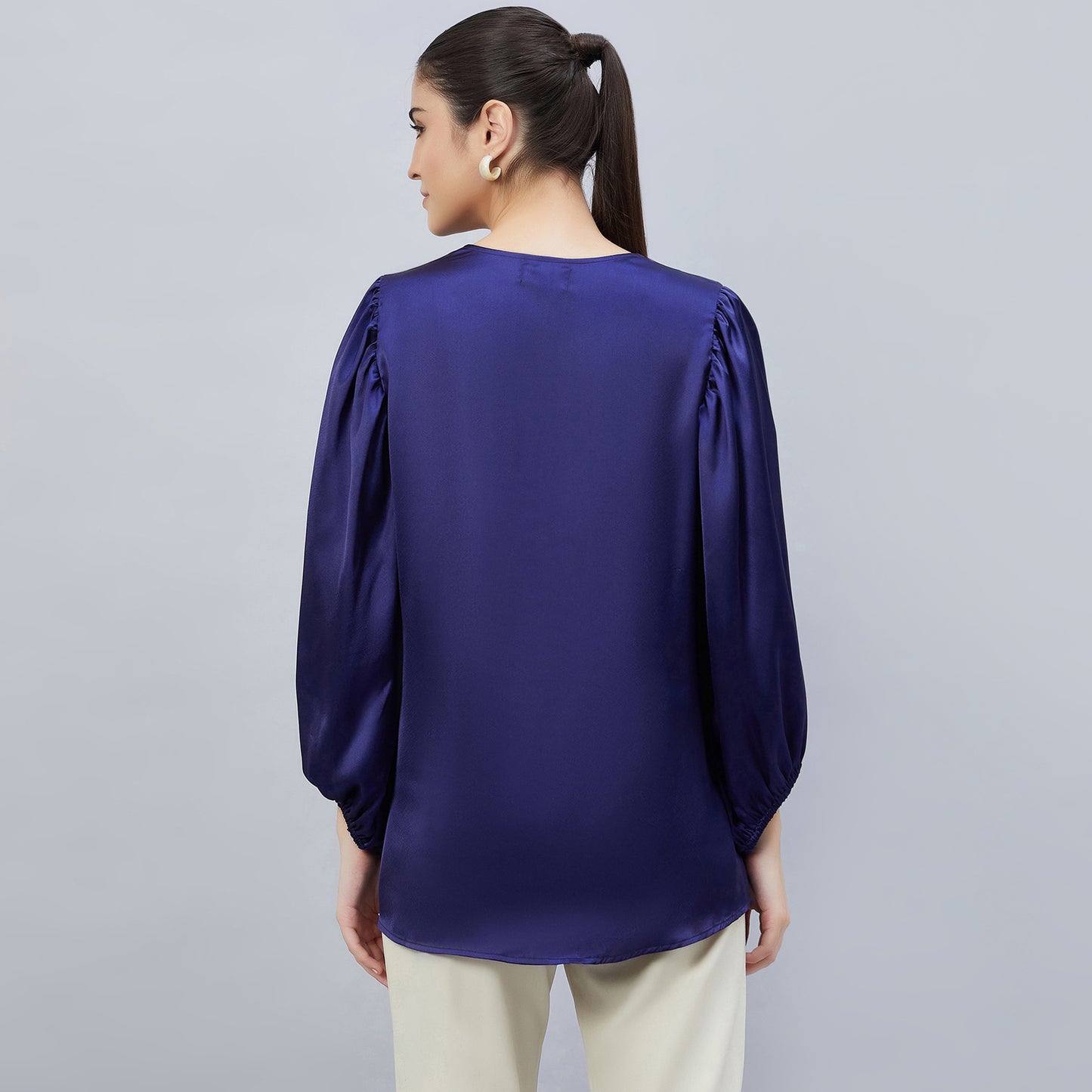 Navy Blue V-Neck Embellished Satin Shirt