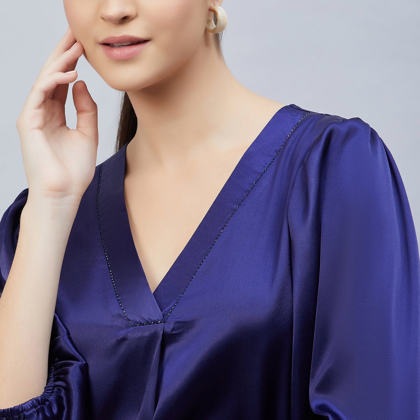 Navy Blue V-Neck Embellished Satin Shirt