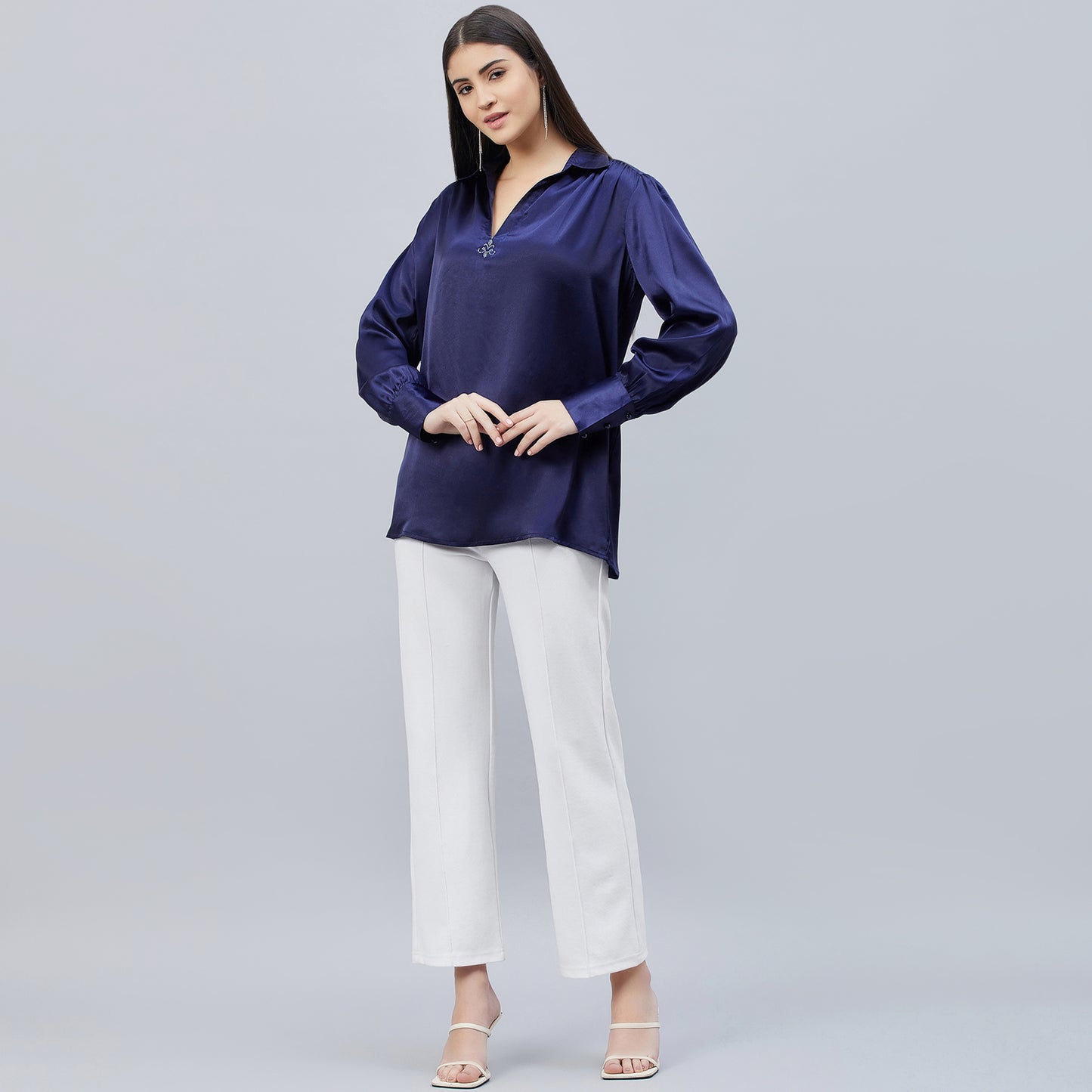 Navy Blue V-Neck Gathered Embellished Satin Shirt