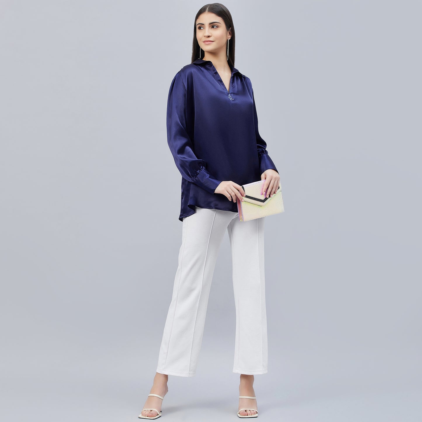 Navy Blue V-Neck Gathered Embellished Satin Shirt