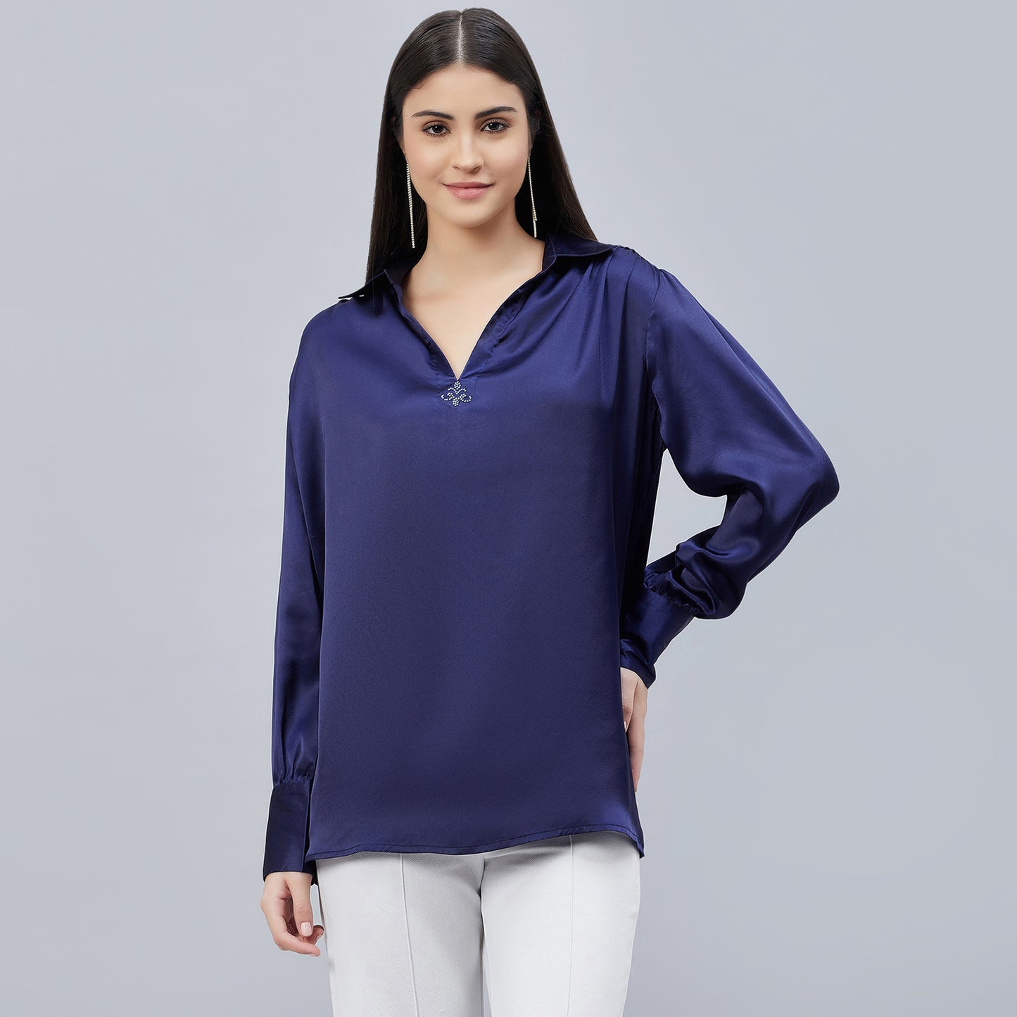 Navy Blue V-Neck Gathered Embellished Satin Shirt