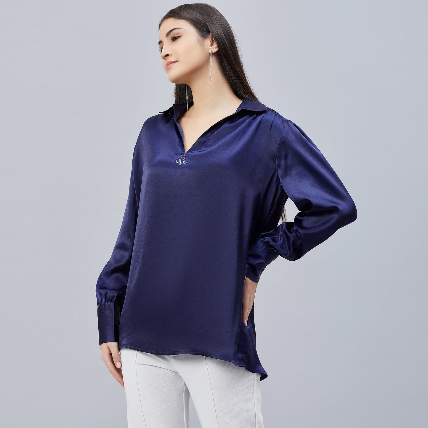 Navy Blue V-Neck Gathered Embellished Satin Shirt