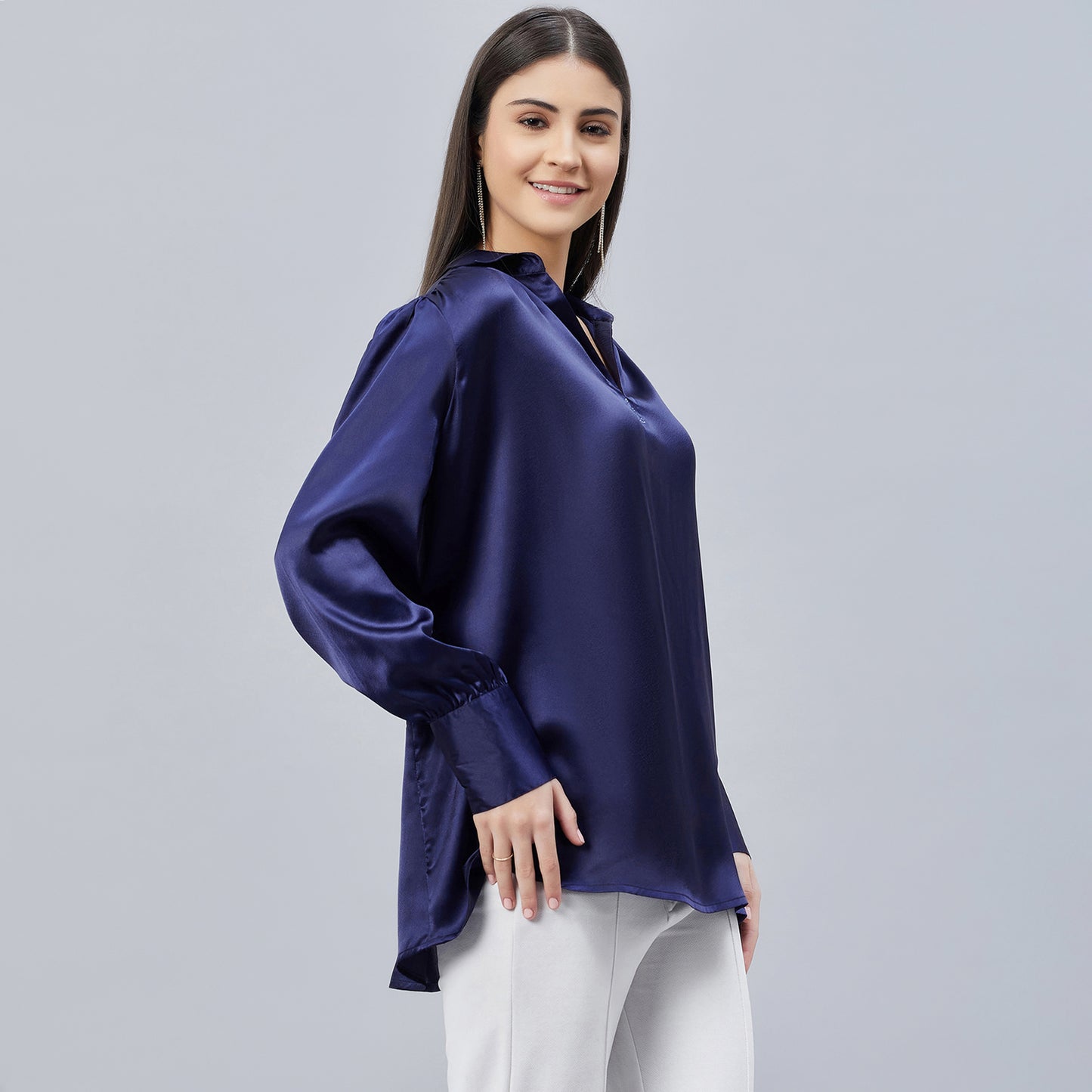 Navy Blue V-Neck Gathered Embellished Satin Shirt