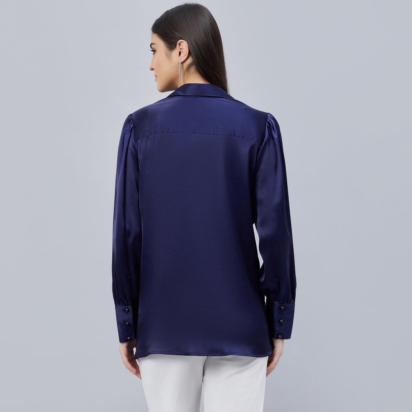 Navy Blue V-Neck Gathered Embellished Satin Shirt